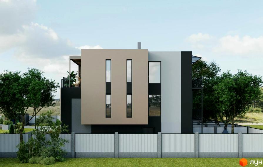 Фасад таунхауса Rusaniv Gardens з бежевими, світло-сірими та темно-сірими частинами, великими вікнами. Навколо зелений газон та білий паркан.