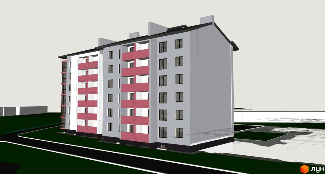 Зображення фасаду багатоповерхового будинку. Сірий колір стін, рожеві балкони. Поруч асфальтована дорога та зелена прибудинкова територія.