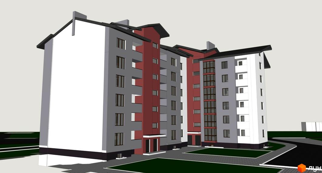 Зображення будівельного проєкту багатоповерхового будинку з фасадом сірого, білого та бордового кольорів. На території є зелені газони та доріжки.