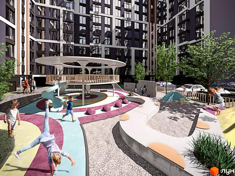 Багатоповерхові будинки Житлового комплексу U One мають темні фасади. На території облаштовано яскравий дитячий майданчик з ігровими елементами.