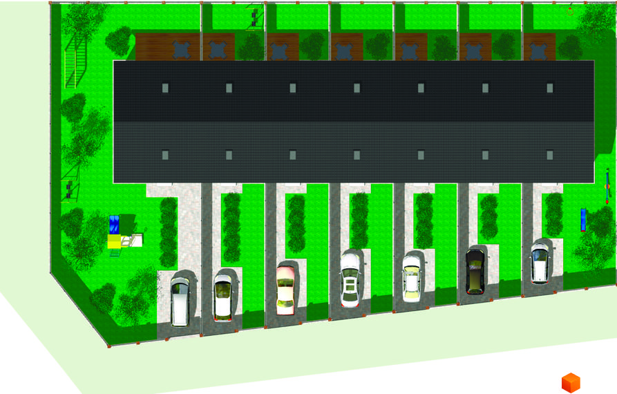 Котеджне містечко КМ Одноповерховий Київ - Віта-Поштова. Вид зверху на котеджі з паркуванням та зеленою зоною.