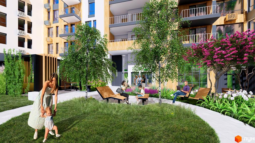 Житловий комплекс Chalet: фасади будівель з дерев'яними елементами та балконами, затишний двір з зонами відпочинку та зеленню.
