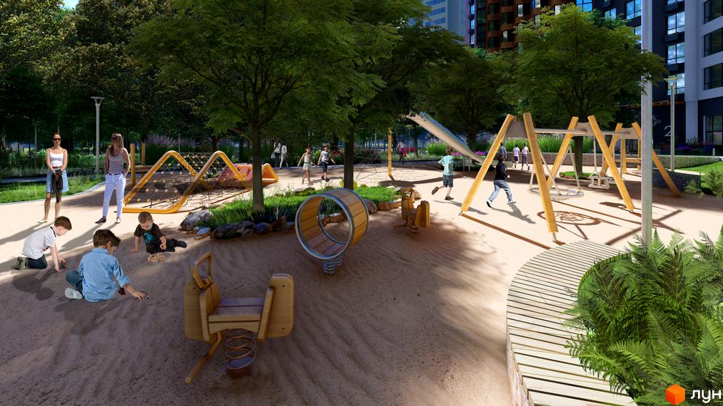 Дитячий майданчик ЖК Chalet з гіркою, гойдалками та пісочницею. Навколо зелені дерева та сучасні багатоповерхові будинки.