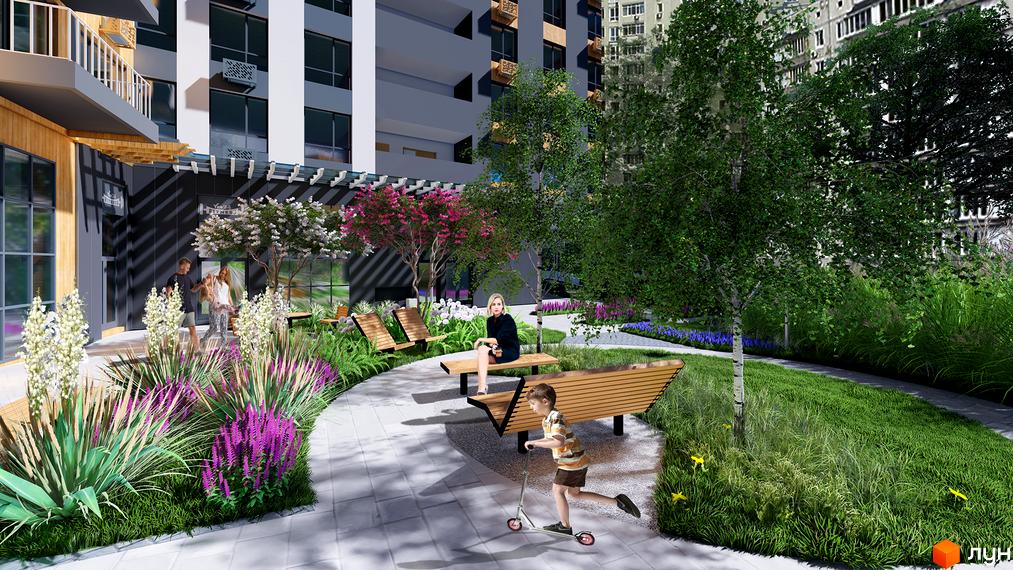 Житловий комплекс Chalet: сучасна архітектура та затишна прибудинкова територія з зонами відпочинку та озелененням.