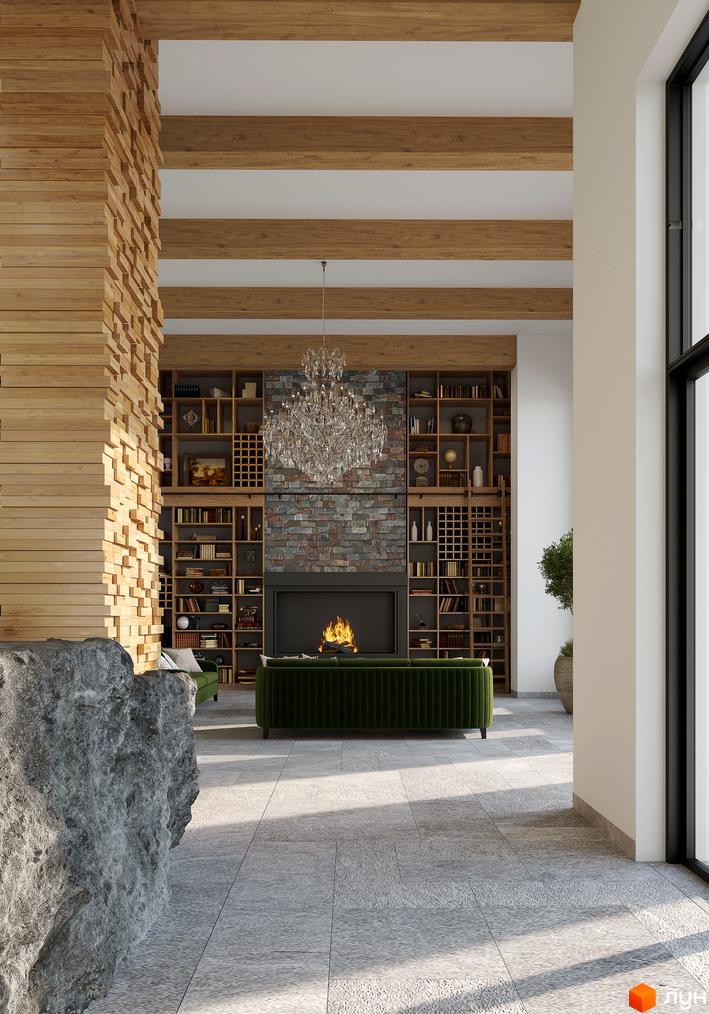 Затишна вітальня з каміном та диваном в ЖК Chalet. Великі вікна та дерев'яні балки створюють атмосферу комфорту.