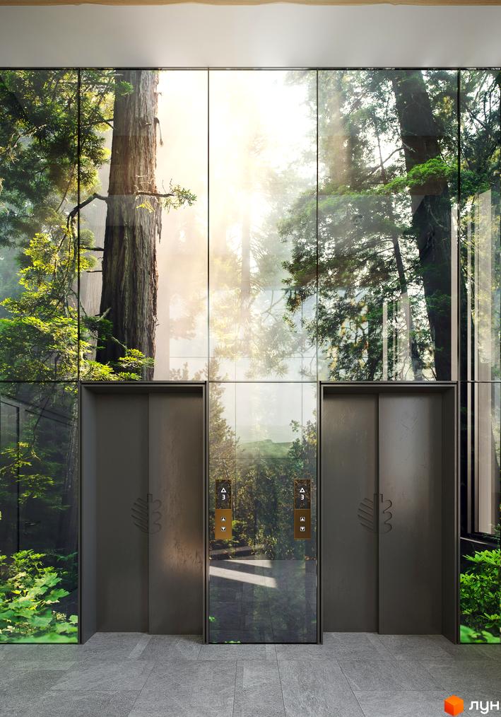 Сучасний дизайн фасаду новобудови ЖК Chalet з елементами природного лісу, що створює атмосферу спокою та гармонії.