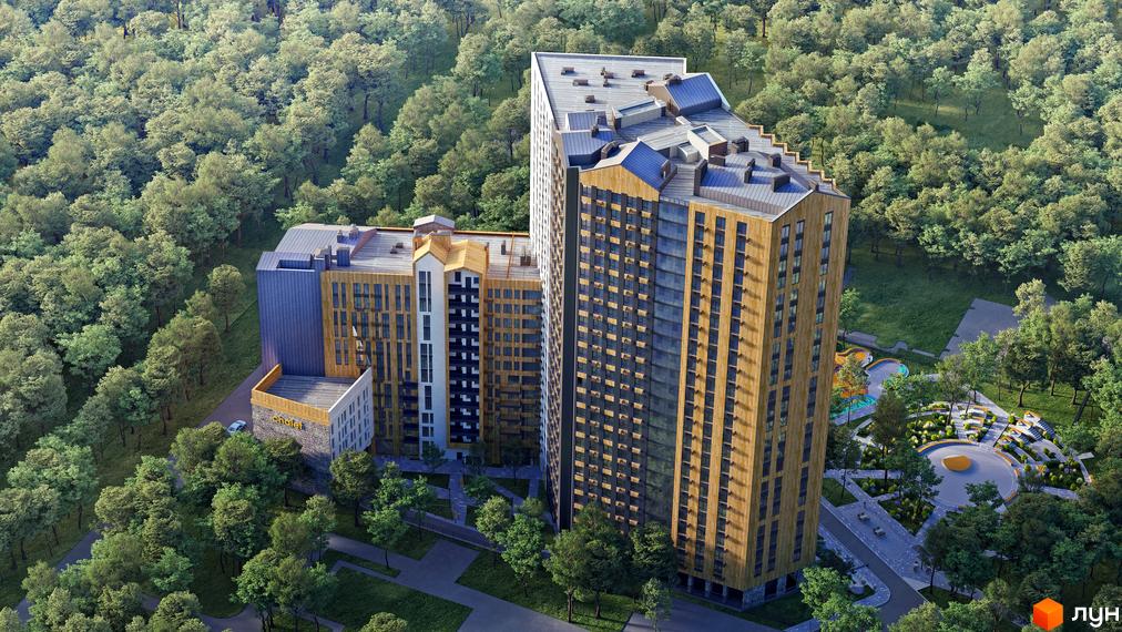 Житловий комплекс Chalet з дерев'яними фасадами та панорамним склінням, розташований серед лісу з облаштованою прибудинковою територією та дитячим майданчиком.