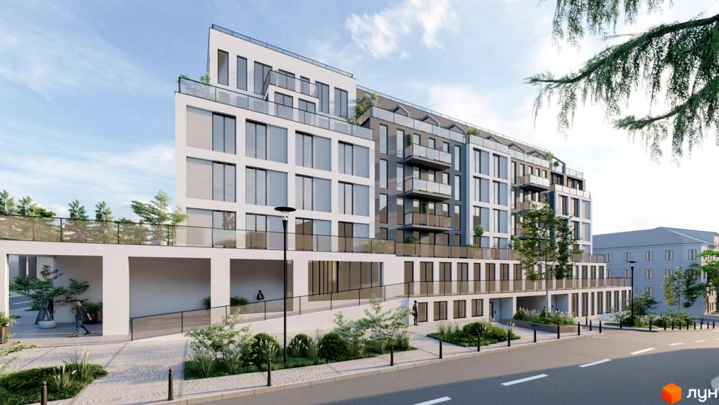 Зовнішній вигляд новобудови ЖК Praud Premium з великими вікнами та балконами, прибудинкова територія з зеленими насадженнями та пішохідними доріжками.