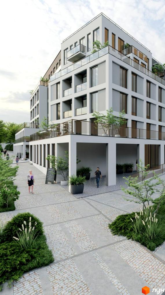 Зовнішній вигляд новобудови ЖК Praud Premium з елементами архітектури та прибудинковою територією з пішохідними доріжками та озелененням.