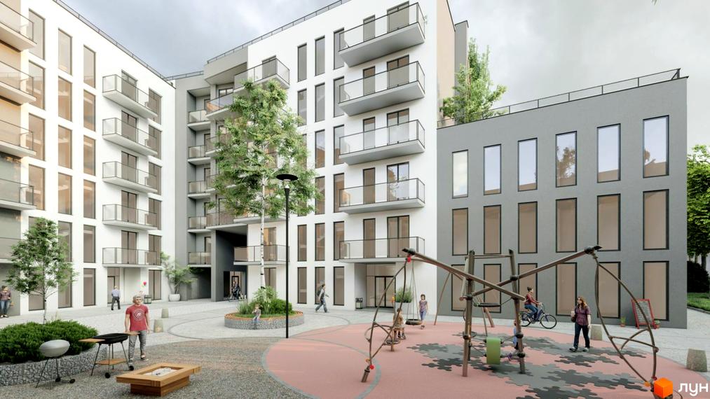 Житловий комплекс Praud Premium з дитячим майданчиком та зонами відпочинку. Сучасна архітектура та доглянута прибудинкова територія.