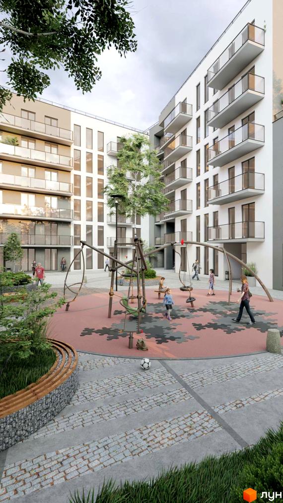Житловий комплекс Praud Premium з дитячим майданчиком та зонами відпочинку. Сучасна архітектура будівель та доглянута прибудинкова територія.
