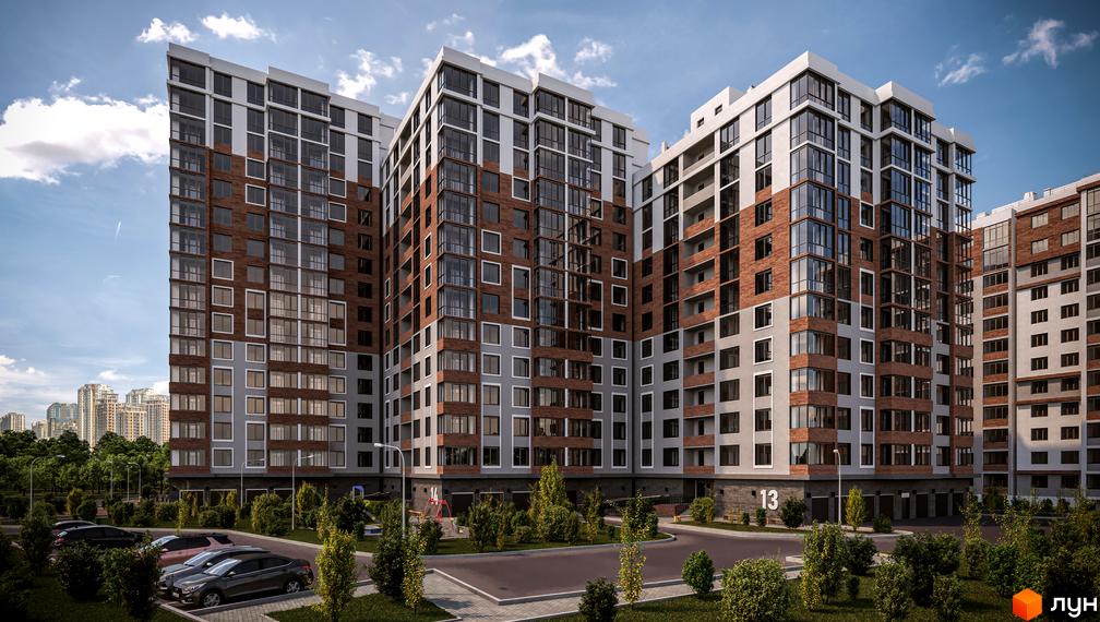 Висотна новобудова з цегляними вставками та панорамними вікнами. На території комплексу є зелені насадження, парковка та дитячий майданчик.