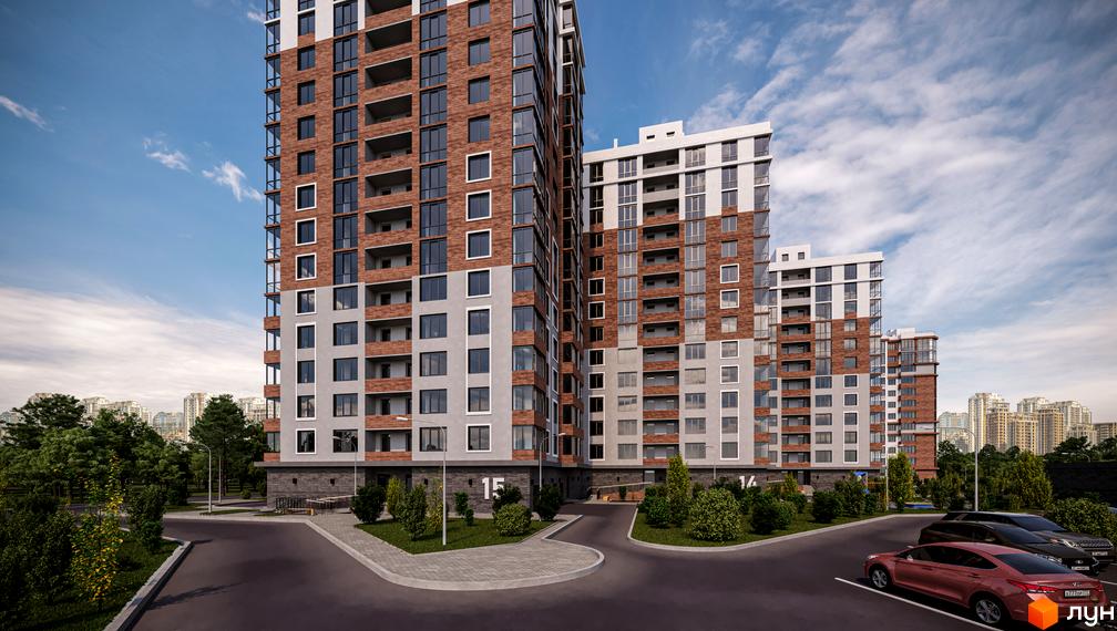 Житловий комплекс Золота Ера. Високоповерхові будинки з цегляним фасадом. На прибудинковій території є дерева, дорога та парковка.