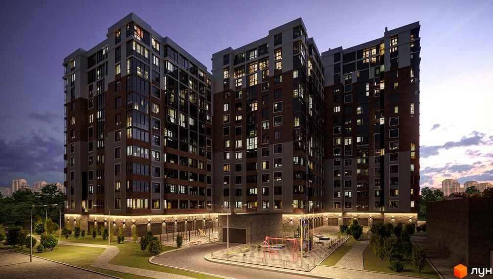 Високі будинки ЖК Золота Ера з цегляними фасадами та великою кількістю вікон. На прибудинковій території є дитячий майданчик та зелені насадження.
