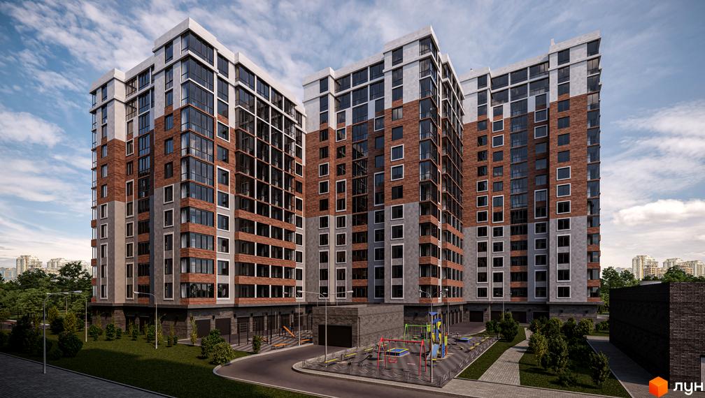 Житловий комплекс Золота Ера. Багатоповерхові будинки з цегляними фасадами та панорамними вікнами. На території комплексу дитячий майданчик та зелені насадження.