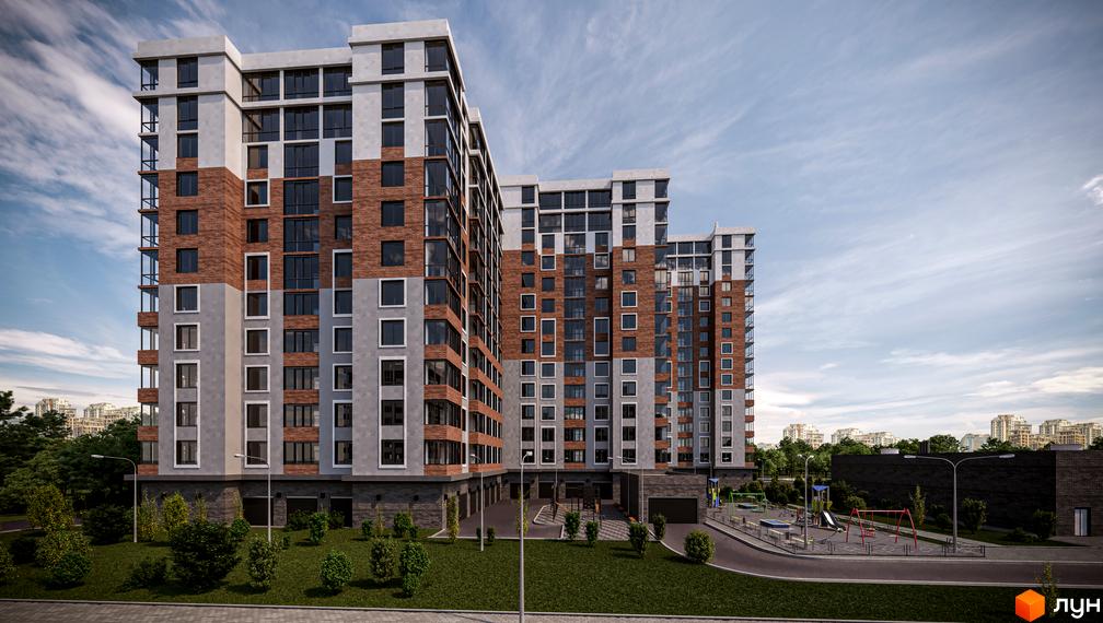 Житловий комплекс Золота Ера. Високі будинки з цегляними фасадами та великими вікнами. На території є дитячий майданчик та зелені насадження.