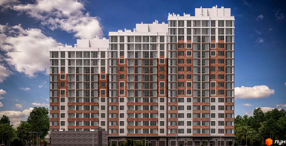 Висотна будівля Житловий комплекс Золота Ера з цегляною та скляною фасадною частиною. Навколо будинку зелені дерева та блакитне небо з хмарами.