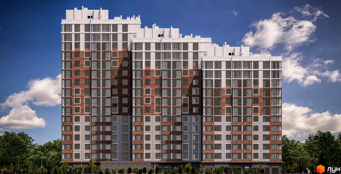 Високий багатоповерховий будинок з цегляними вставками на фасаді. Навколо будинку зелені дерева та кущі, блакитне небо з хмарами.