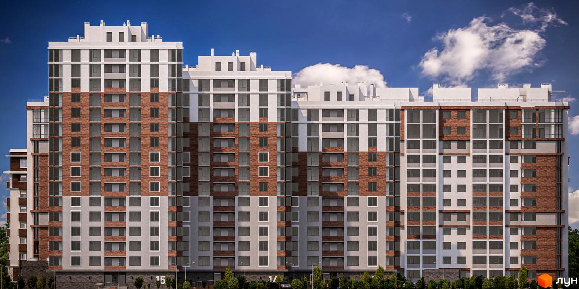 Багатоповерховий будинок ЖК Золота Ера з цегляними вставками на фасаді. На прибудинковій території зелені насадження та ліхтарі.