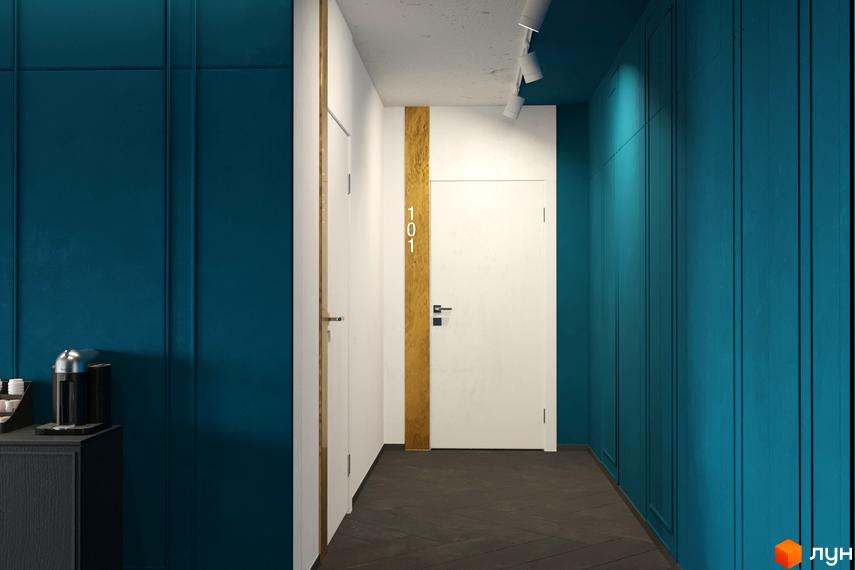 Коридор з дверима та номерами 101 в ЖК HydroPark DeLuxe. Сучасний дизайн інтер'єру з акцентом на сині стіни та дерев'яні елементи.