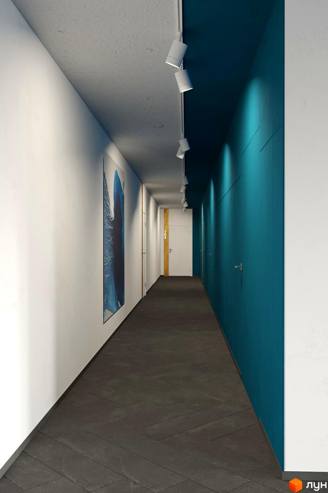 Дизайн коридору ЖК HydroPark DeLuxe з білими стінами, синьою стіною та картиною. Сучасний інтер'єр новобудови.