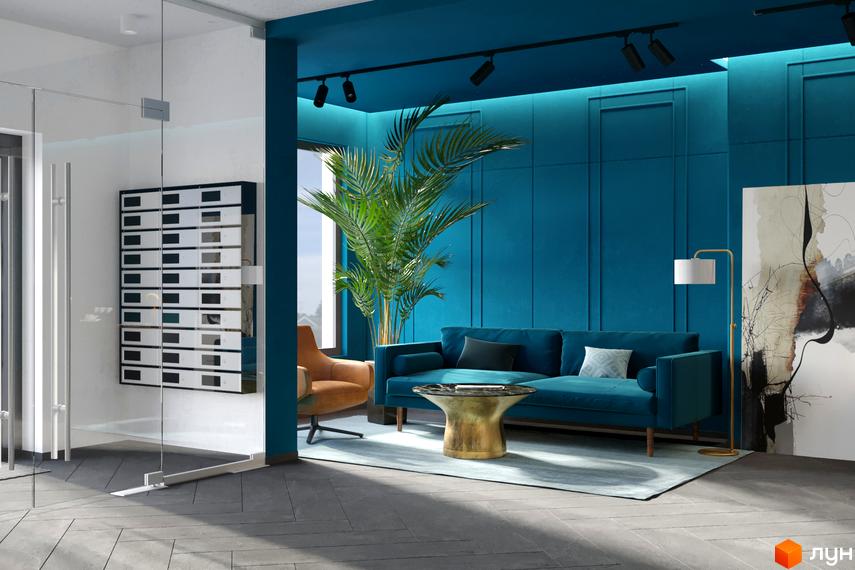 Інтер'єр холу Житлового комплексу HydroPark DeLuxe: сині стіни, диван, крісло, поштові скриньки та велика рослина. Оформлення спільної зони.