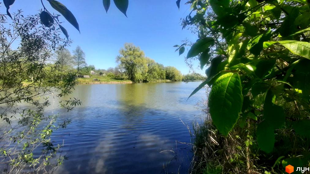 Зображення котеджів біля озера. На передньому плані видно листя, на задньому - котеджі та водойма. Гарний вигляд для життя.