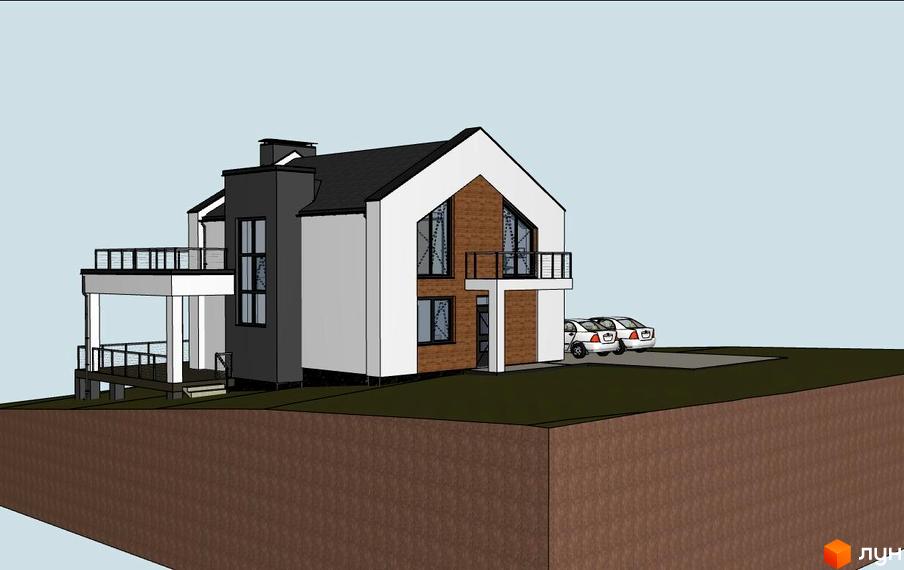 Двоповерховий будинок з білими та темно-сірими фасадами, коричневими вставками, балконами та критою терасою. На ділянці є парковка для авто.