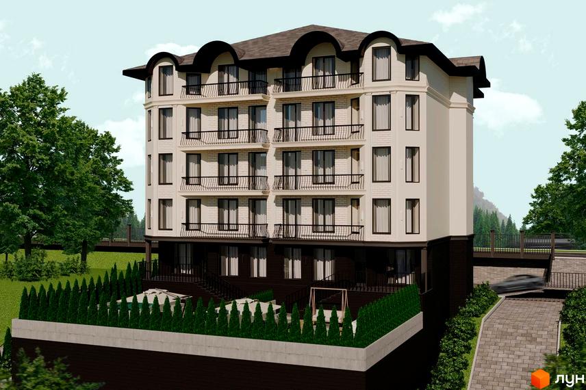 Житловий комплекс Prestige Palace: п'ятиповерховий будинок з балконами та терасою, озеленена прибудинкова територія з деревами та газоном.