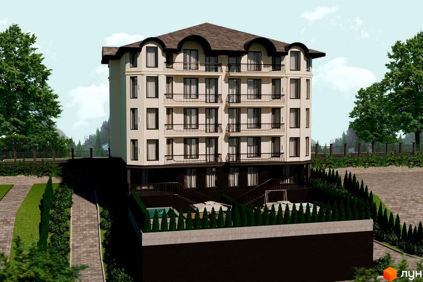 Високий будинок Prestige Palace з балконами та панорамними вікнами. На території ЖК є зелені насадження, басейн та доріжки для прогулянок.