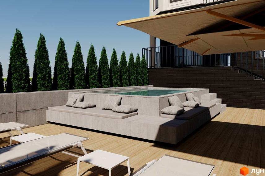 Житловий комплекс Prestige Palace: тераса з басейном, зона відпочинку з подушками та сонцезахисною конструкцією. На задньому плані - зелені насадження та будівля.