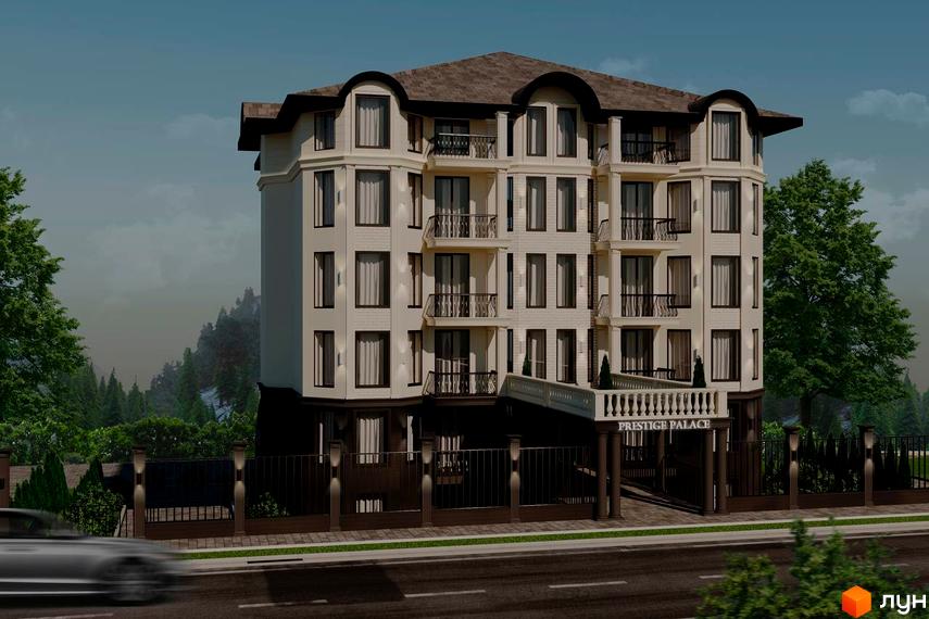 Житловий комплекс Prestige Palace з фасадом світлого кольору, балконами та кованими огорожами. На території комплексу є зелені насадження та паркан.