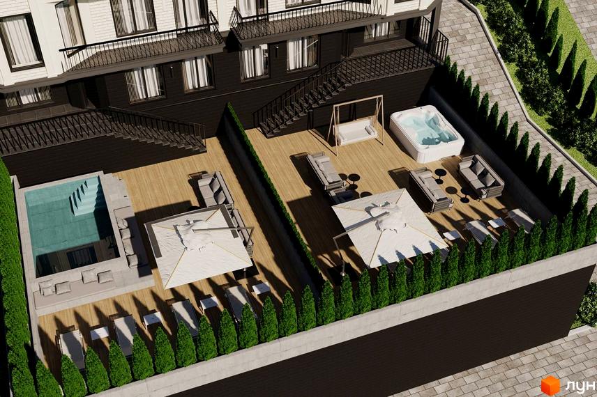 Вид на ЖК Prestige Palace з басейном та зоною відпочинку на терасі. Сучасна архітектура з відкритими балконами та сходами.