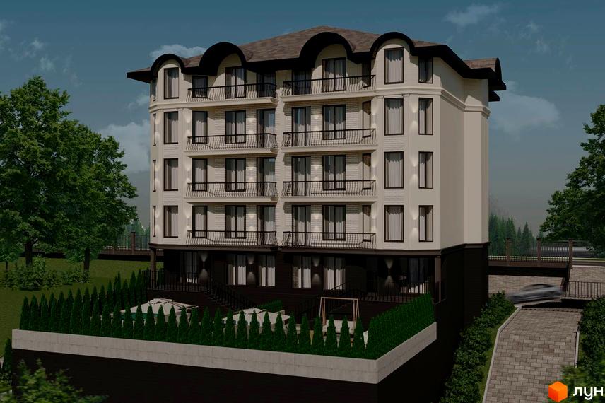 Багатоповерховий будинок Prestige Palace з балконами та темною покрівлею. На прибудинковій території зелені насадження, альтанки та дитячий майданчик.