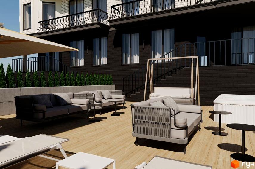 Зображення сторінки ЖК Prestige Palace: фасад будівлі з балконами та тераса з меблями для відпочинку.