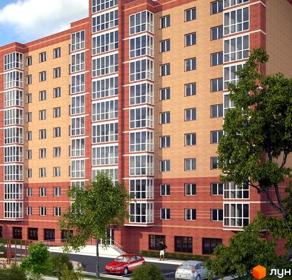 Зображення фасаду Житлового комплексу Шевченківський. Багатоповерховий будинок з червоної цегли, великі вікна, дерева біля будинку, припарковані автомобілі.