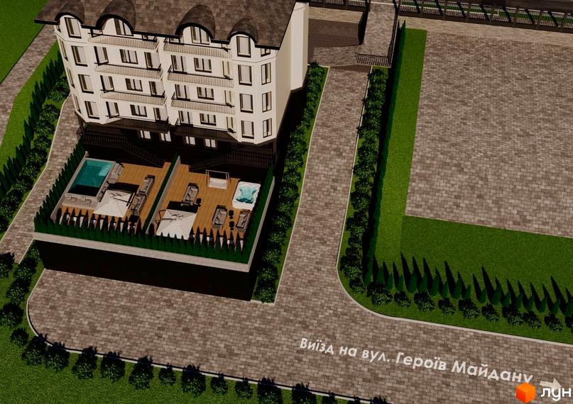 Житловий комплекс Prestige Palace: багатоповерховий будинок з темним дахом та балконами. Прибудинкова територія з бруківкою, газонами та зонами відпочинку з басейном.