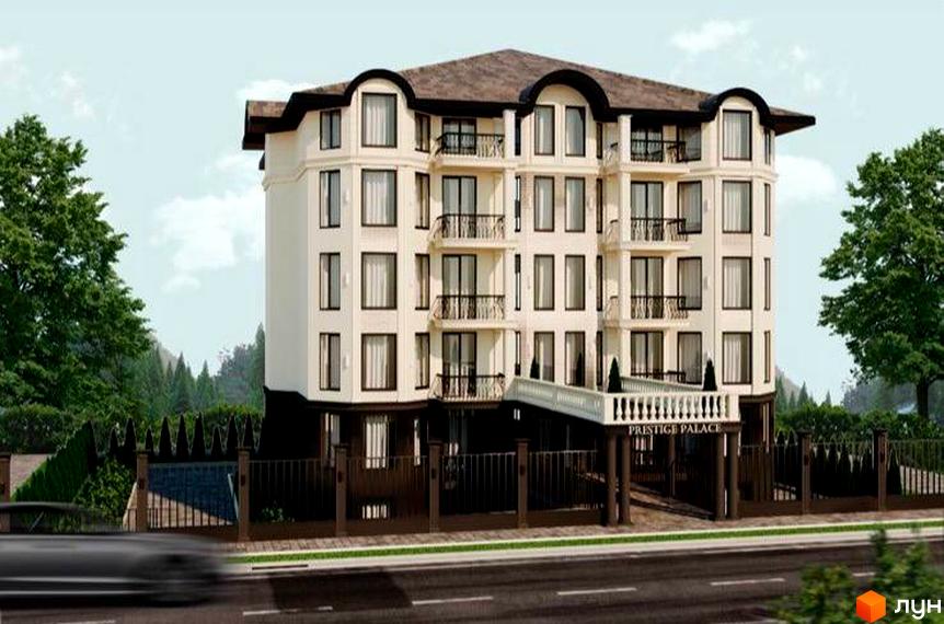 Багатоповерхова будівля ЖК Prestige Palace з балконами та великими вікнами. На території комплексу є зелені насадження та дорога.