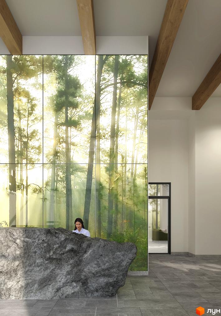 Інтер'єр житлового комплексу Chalet з великою кам'яною стійкою реєстрації та панорамним вікном з видом на ліс. Сучасний дизайн з дерев'яними балками на стелі.