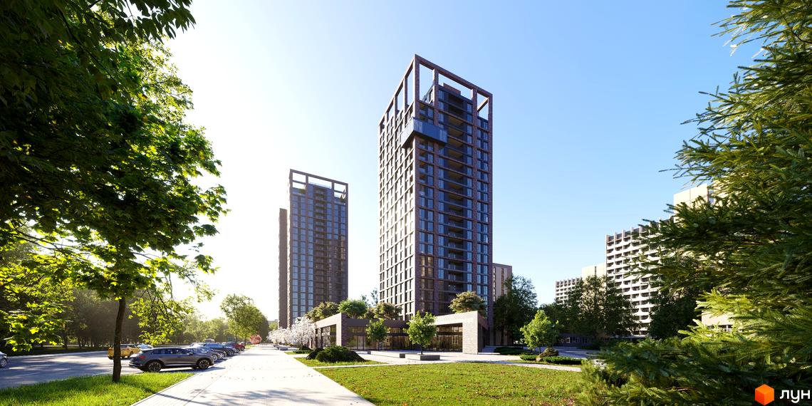 Житловий комплекс MARSHALL – це сучасні висотні будинки з цегляним фасадом та просторими балконами, оточені зеленою прибудинковою територією з доглянутими газонами та деревами.