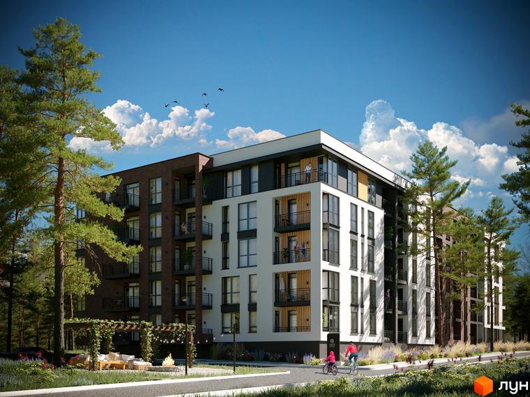 Житловий комплекс SVOЇ PARKHOUSE з комбінованим фасадом та балконами. Навколо зелені насадження, доріжки та зона відпочинку з альтанкою.