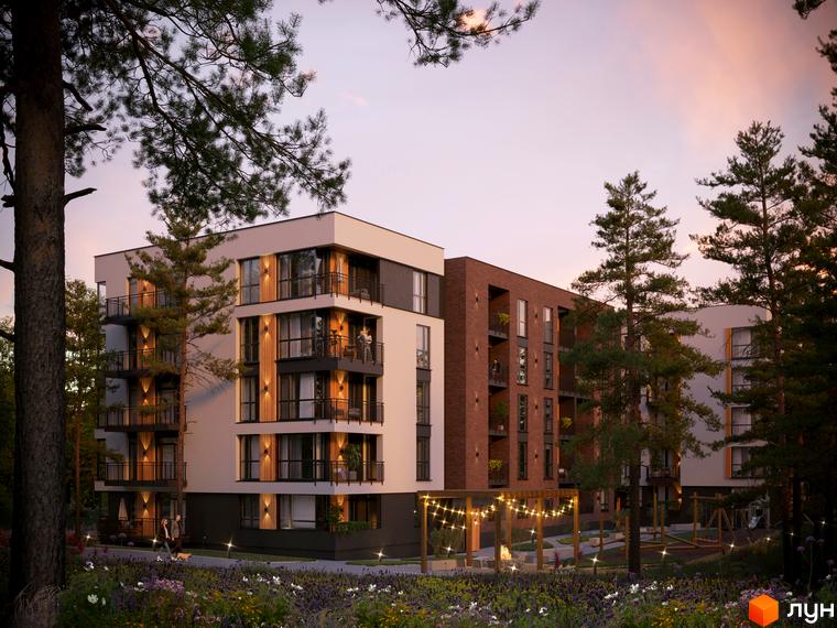 Житловий комплекс SVOЇ PARKHOUSE: будинки зі світлим та цегляним фасадом, балконами. Територія з соснами, квітами та освітленими доріжками.