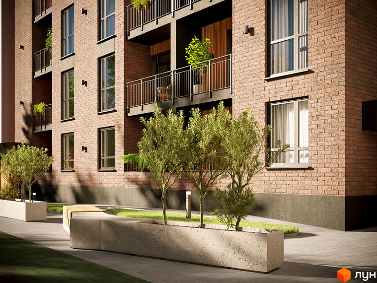 Житловий комплекс SVOЇ PARKHOUSE з цегляним фасадом, вікнами та балконами. Прибудинкова територія має доріжки, зелені насадження та лавки.