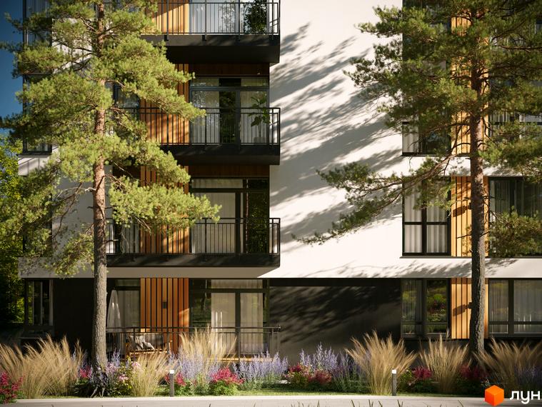 Житловий комплекс SVOЇ PARKHOUSE з білим та темним фасадом, дерев'яними елементами та балконами. Прибудинкова територія озеленена деревами, травами та квітами.
