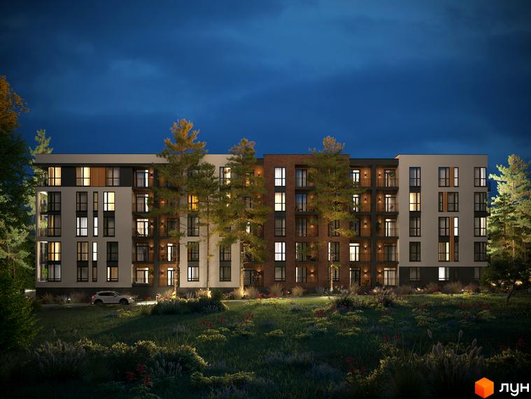 Зображення ЖК SVOЇ PARKHOUSE вночі: багатоповерховий будинок з підсвіченими вікнами, поруч зелена прибудинкова територія з рослинністю.