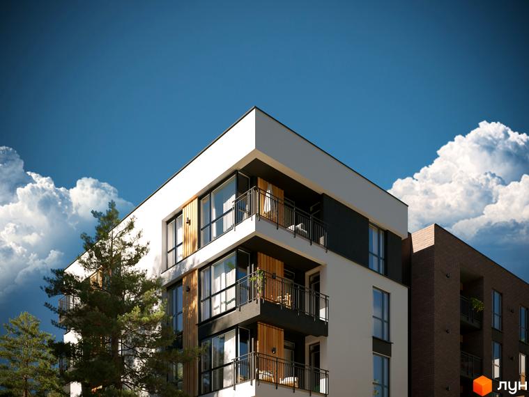 Житловий комплекс SVOЇ PARKHOUSE з білими фасадами та балконами, поруч дерева та блакитне небо з хмарами.