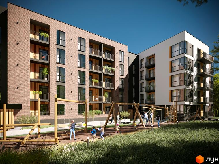 Зображення ЖК SVOЇ PARKHOUSE з цегляними фасадами та балконами. На території комплексу дитячий майданчик та зелені насадження.