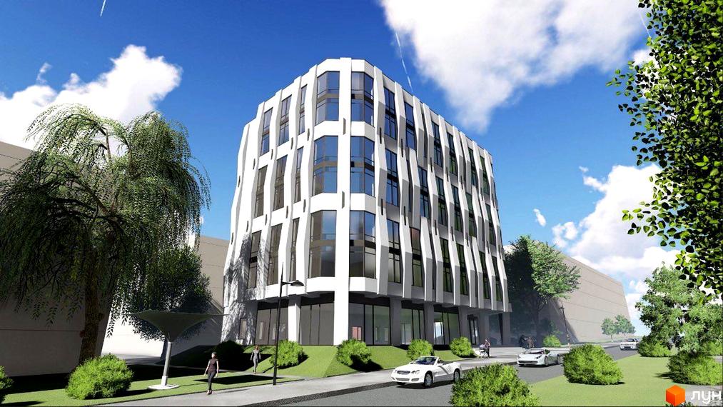 Висока будівля житлового комплексу ParkLake з панорамними вікнами та білим фасадом. На прибудинковій території зелені насадження, дерева та автомобілі.