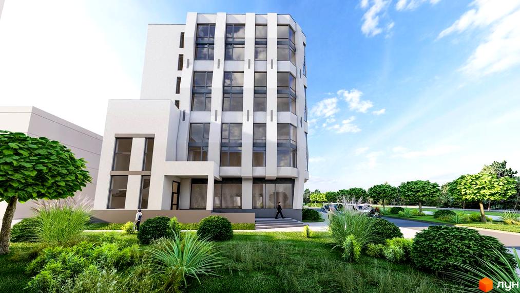 Висотна будівля житлового комплексу ParkLake з великими вікнами, поруч доглянута прибудинкова територія з зеленими насадженнями та деревами.