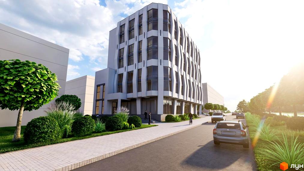 Багатоповерховий будинок Клубний будинок ParkLake з хвилястим фасадом та великими вікнами. Перед будинком зелені насадження, пішохідна доріжка та дорога.